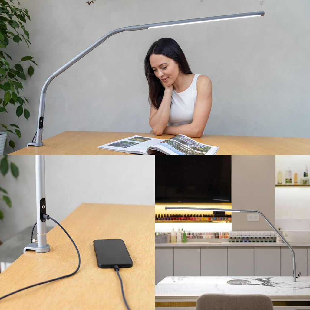 Lámpara daylight Slimline 4™ Lámpara de mesa LED en gris hielo - 6,000K, 3,200 Lux, 4 niveles de brillo, puerto de carga USB-C, difusor antirreflejo, diseño flexible, arte y manualidades, costura, salón de