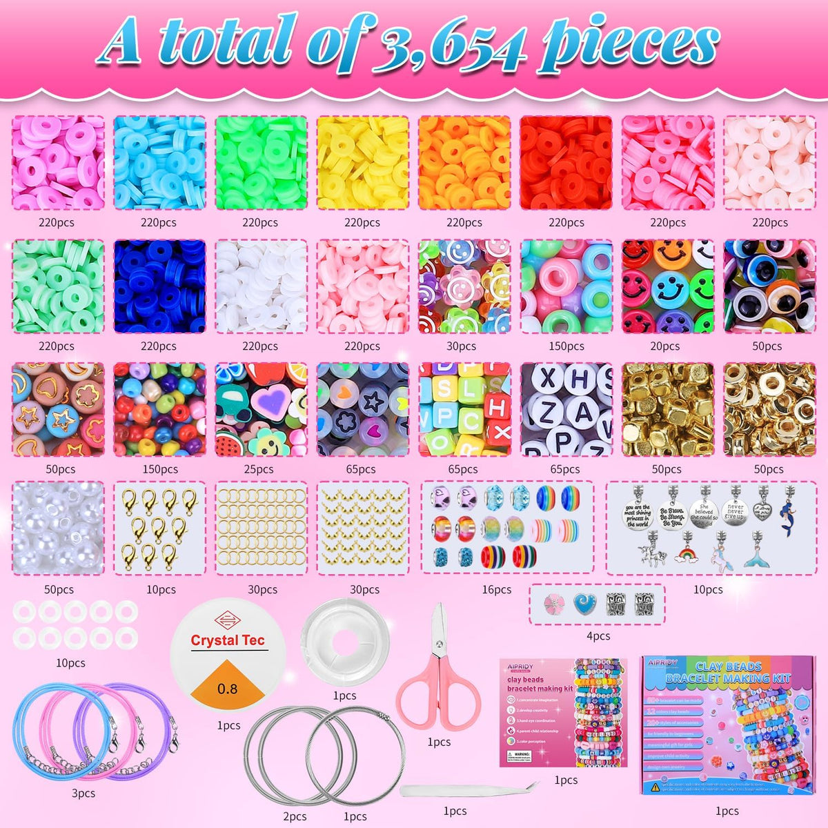 AIPRIDY Kit de 3600 piezas para hacer pulseras para niñas, actividades de joyería de unicornio/sirena, cuentas planas de estilo universitario para hacer joyas de amistad, manualidades DIY para niñas