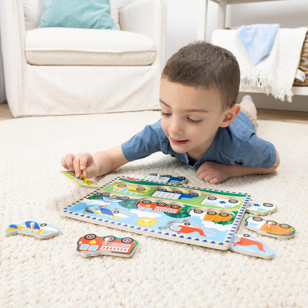 Melissa & Doug Juego de rompecabezas de clavijas de madera, paquete de 4 temas de vehículos, granja, safari y animales de mascotas, rompecabezas educativos para niños pequeños y preescolares a partir de 2 años