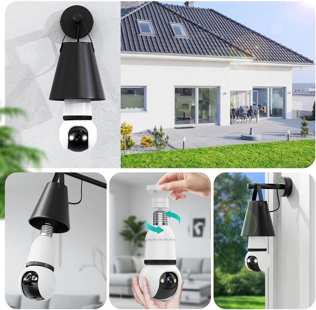 Lámpara Hawkray - Cámara de seguridad con bombilla de luz, paquete de 2, WiFi de doble banda de 2.4 GHz y 5 GHz, visión nocturna a todo color 2K, cámara inalámbrica de inclinación panorámica de 360° para