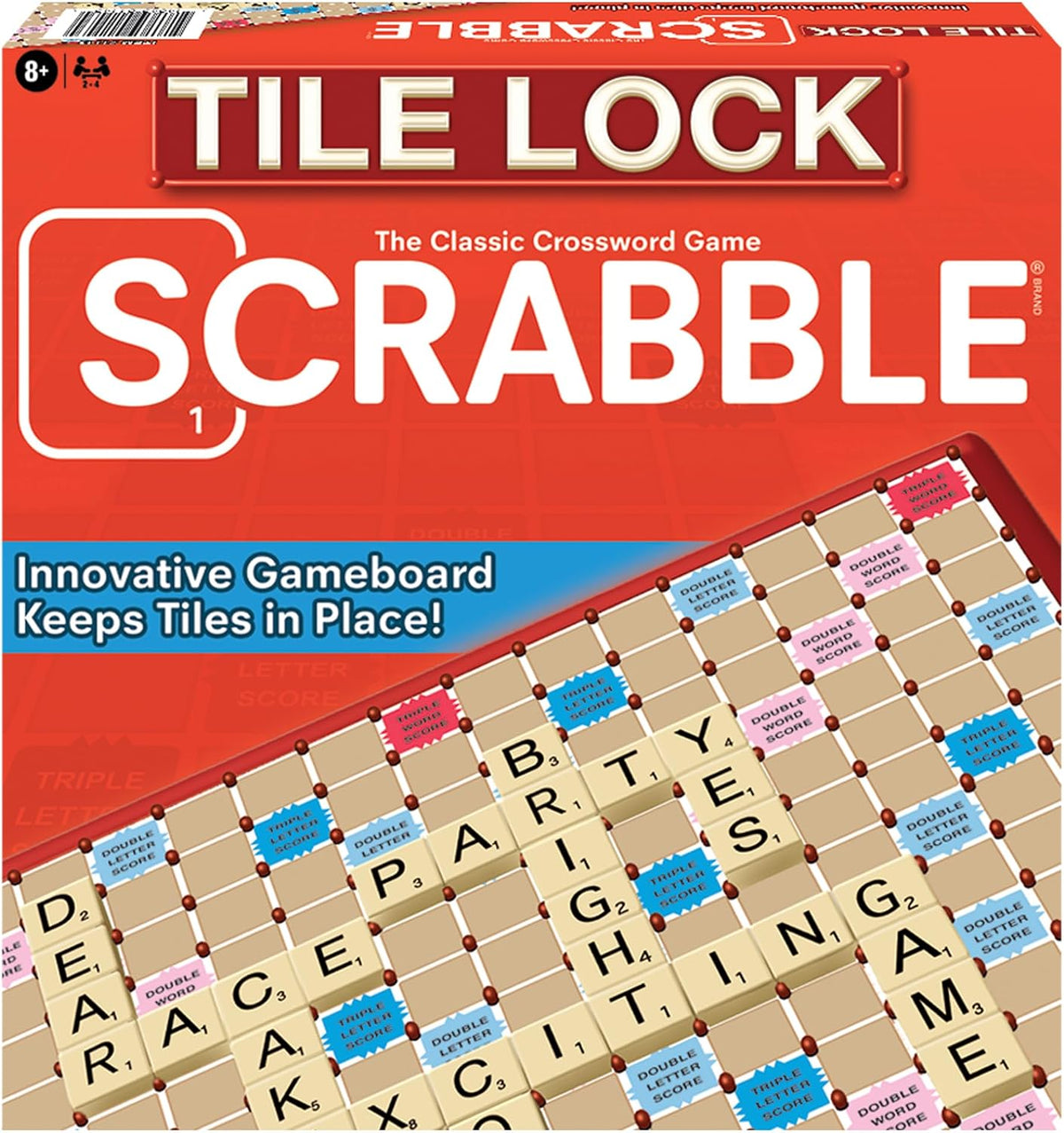 Juego de mesa de Scrabble Tile Lock, tablero mantiene los azulejos en su lugar, juego para 2-4 jugadores, edad mínima de 8 años en adelante, número de jugadores: 2-4, por Winning Moves Games USA