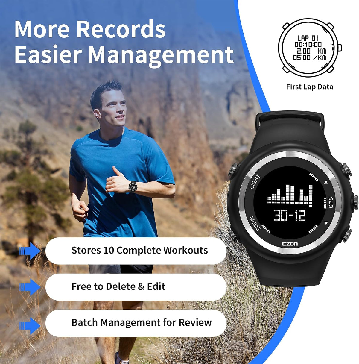 Reloj GPS para Correr con Velocidad Distancia Ritmo Alarma Contador de Calorías y Cronómetro para Hombre T031 Negro