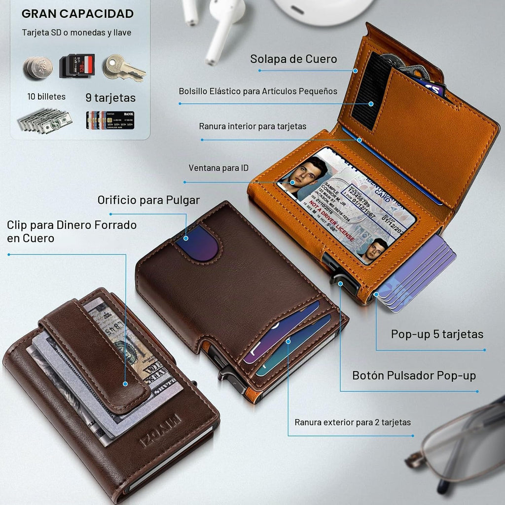 Billetera para hombre, magnética minimalista delgada con soporte para tarjetas desplegable, 9 tarjetas con bloqueo RFID, funda de metal para tarjetas de crédito, clip de dinero envuelto en