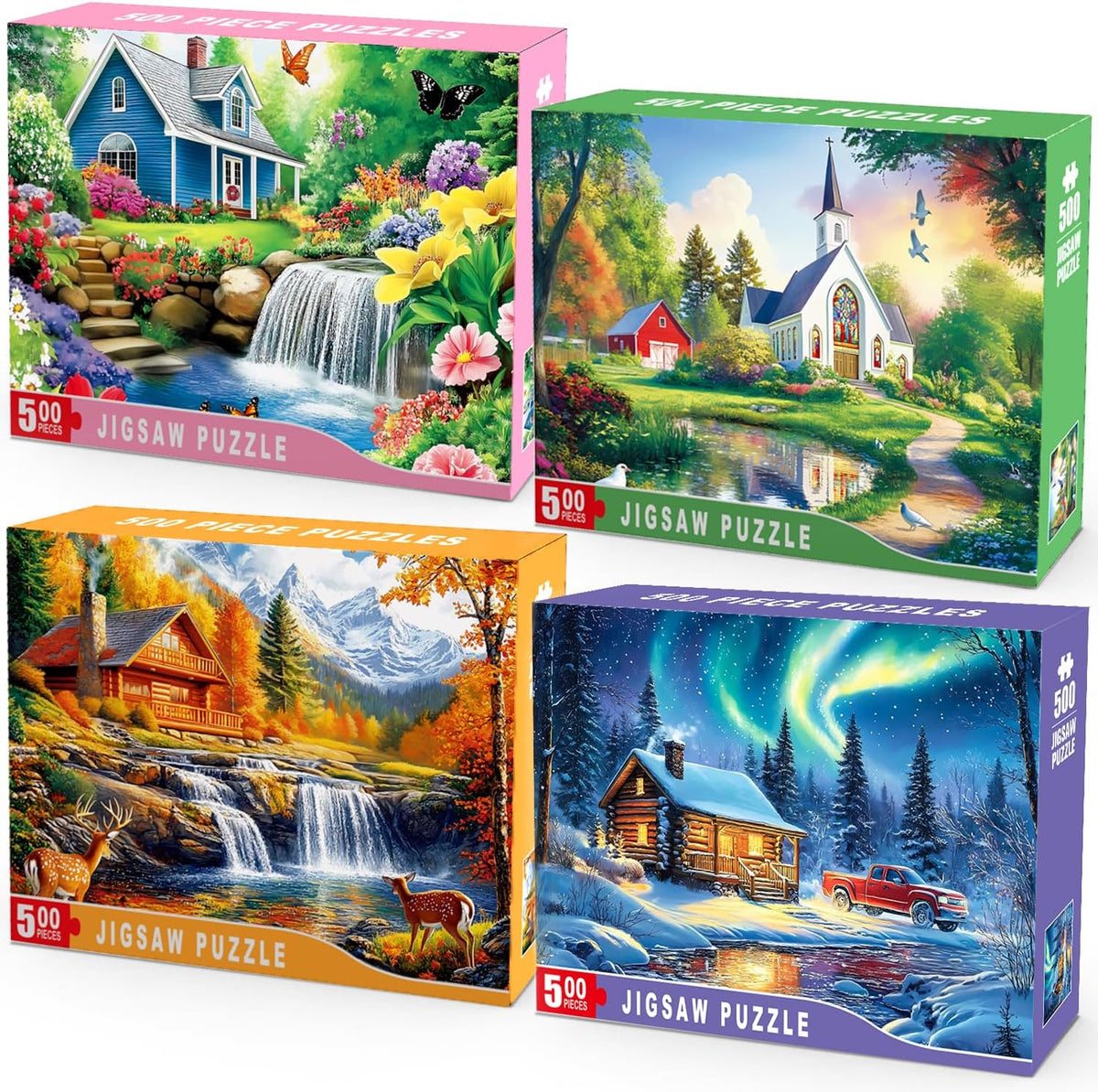4 Packs 500 Piece Puzzles para Adults – 4 Seasonal Landscape Puzzle Set Scenic House & Nature Jigsaw Puzzle, Colorful Adult Jigsaw Puzzles para Stress Relief, Family Fun, Mindfulness & Gifts