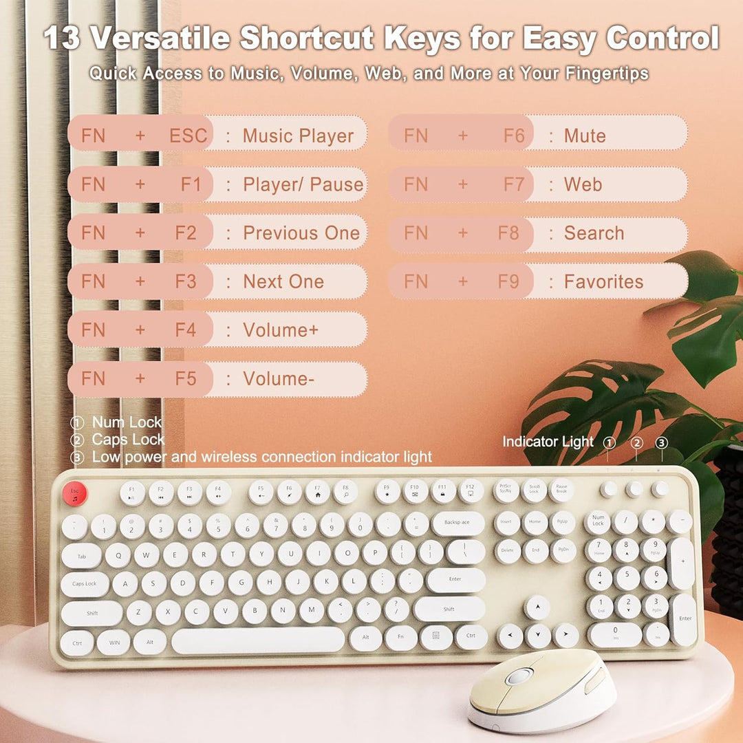 HotFox Combo de Teclado y Ratón Inalámbrico, Teclado Retro de Máqui...