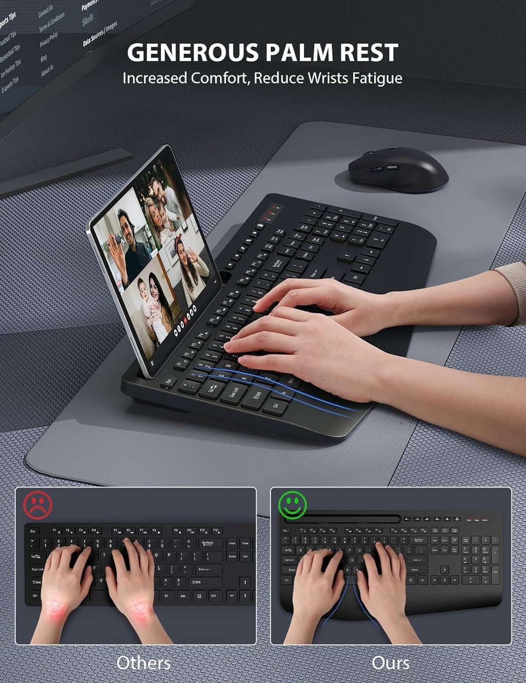 Combo de teclado y mouse inalámbrico - Teclado ergonómico de tamaño...