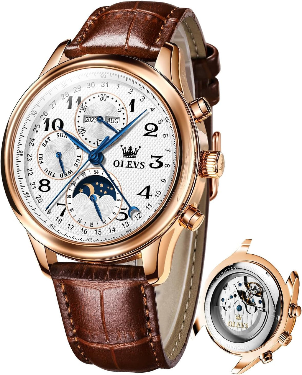 OLEVS - Relojes automáticos para hombre, multicalendario, con fase lunar, 3ATM impermeable, reloj de lujo clásico para negocios, de pulsera