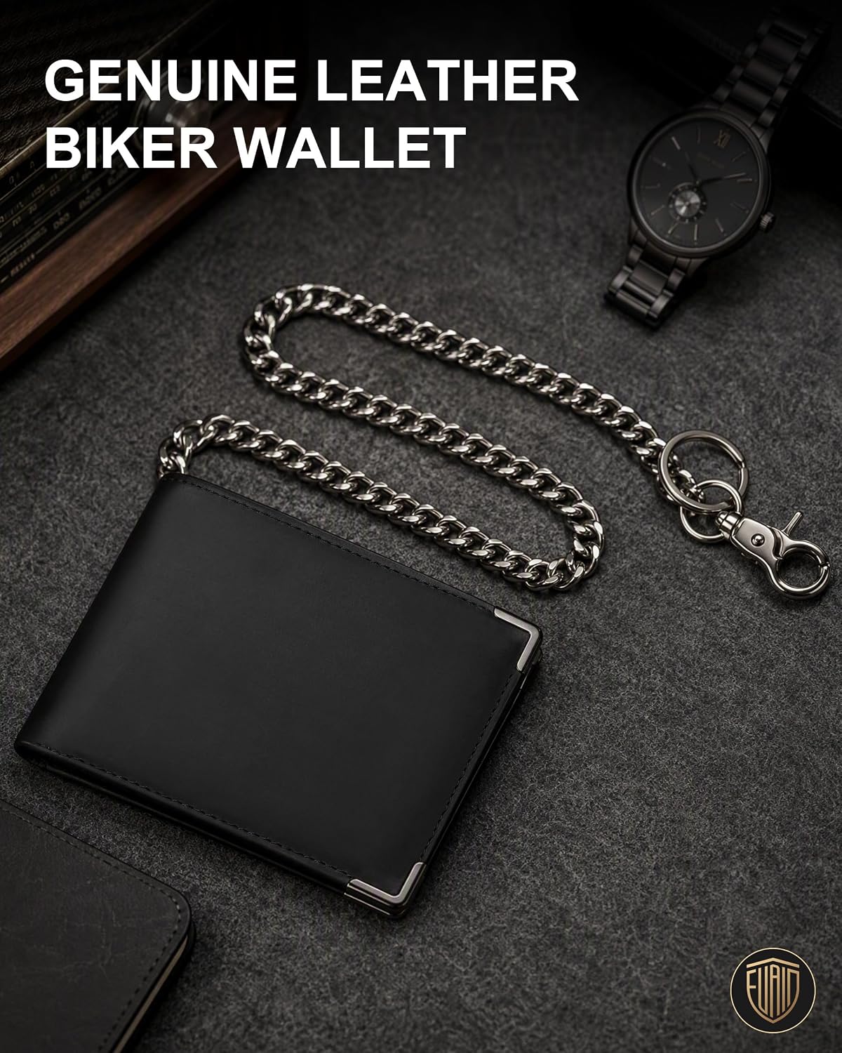 Cartera de cadena de cuero de grano completo: billetera bible para hombre