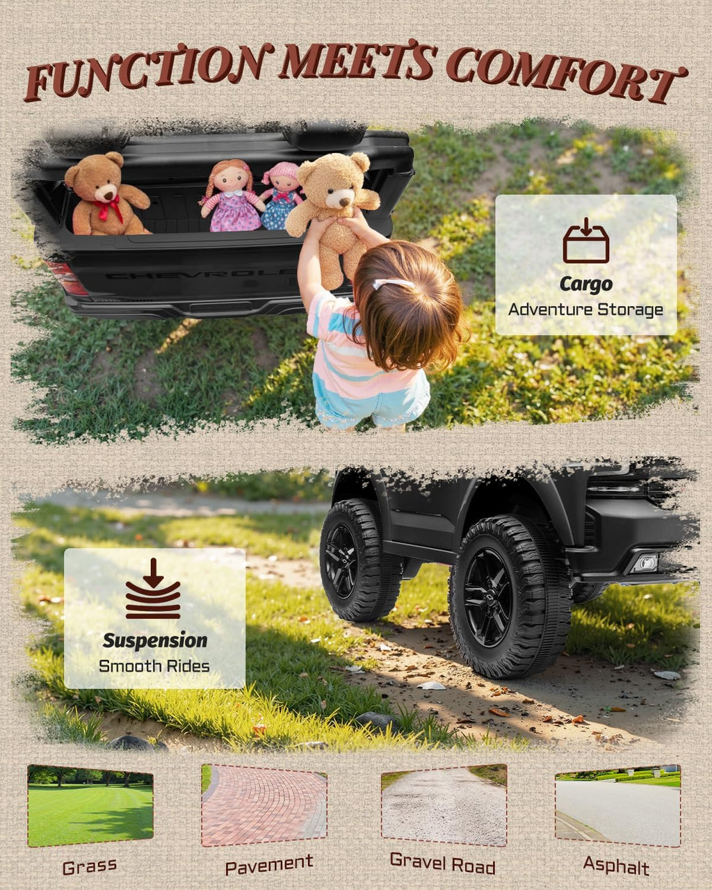 First Ride On Juguetes de 24 V y 2 plazas con licencia Chevrolet Silverado, vehículo eléctrico con control remoto y cinturones de seguridad, camión eléctrico con maletero, Bluetooth y luces LED (negro)