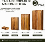 Set de 3 Tablas de Teca para cortar, tablas de carnicería con canal de jugos