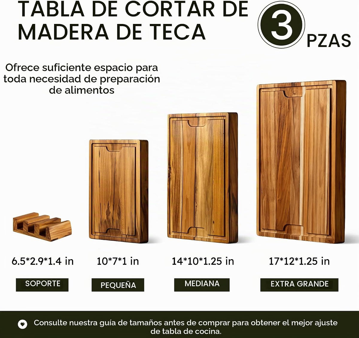 Set de 3 Tablas de Teca para cortar, tablas de carnicería con canal de jugos