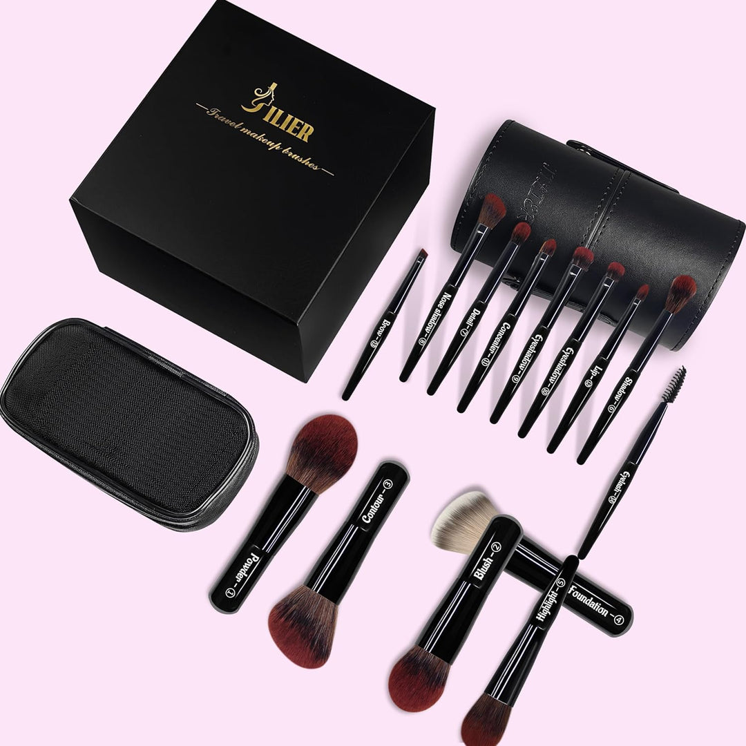 Jilier Juego de brochas de maquillaje de viaje, 14 piezas de mini b...