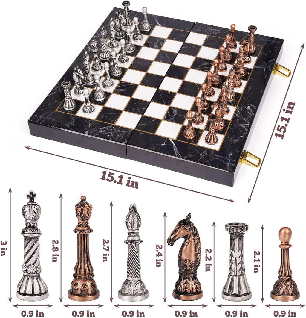 Juego de ajedrez de metal retro para adultos y niños – Tablero de ajedrez veteado con piezas de ajedrez – Juego de ajedrez de viaje con piezas de metal – Tablero de ajedrez plegable – Ideal para