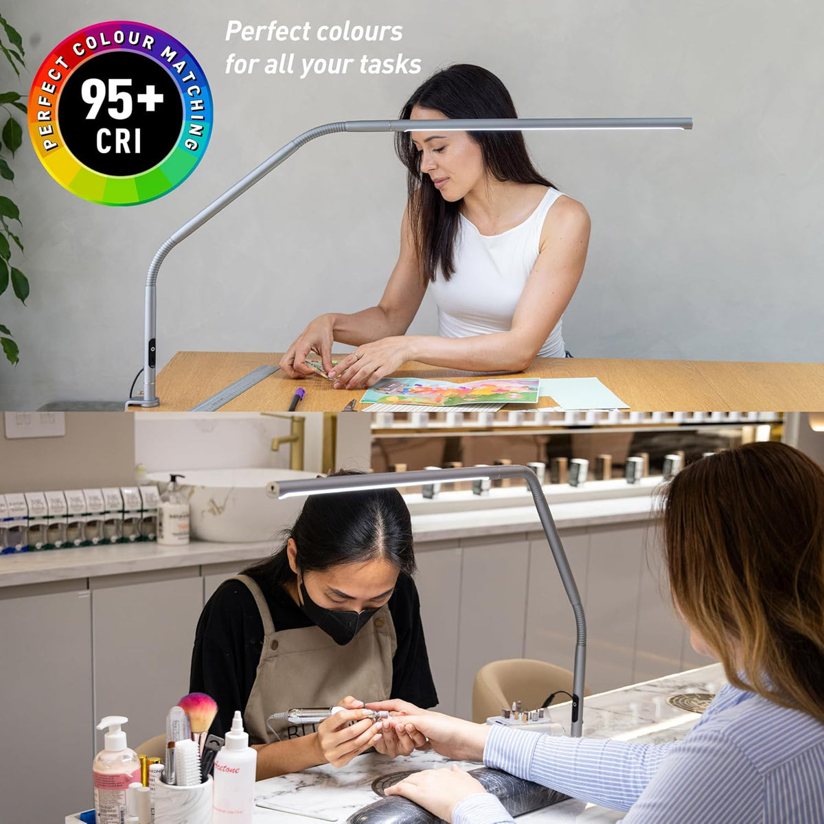Lámpara daylight Slimline 4™ Lámpara de mesa LED en gris hielo - 6,000K, 3,200 Lux, 4 niveles de brillo, puerto de carga USB-C, difusor antirreflejo, diseño flexible, arte y manualidades, costura, salón de