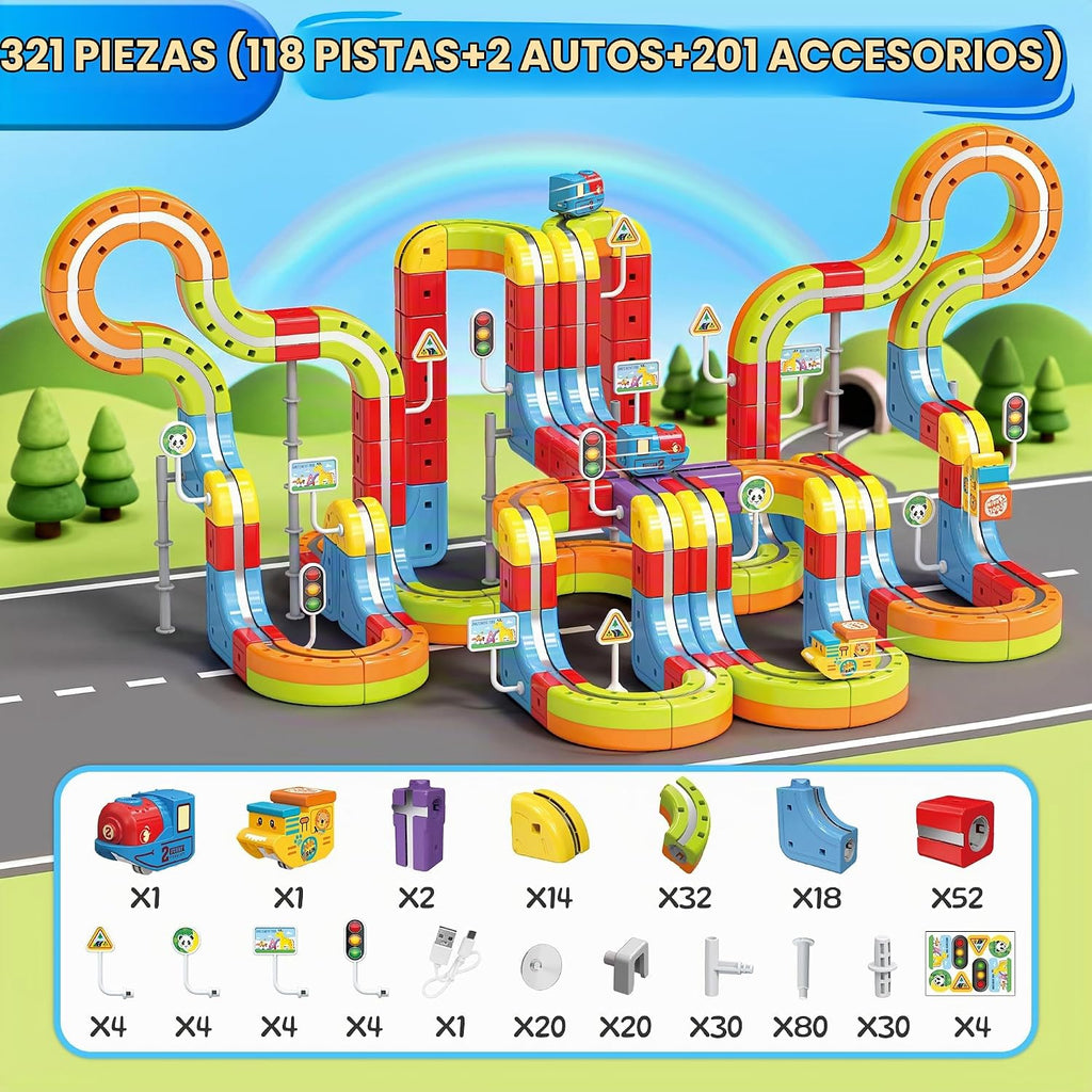 Juego de tren eléctrico para niños, 321 piezas (118 pistas + 2 autos) juego de tren magnético para niños pequeños, juguetes STEM regalos de cumpleaños para niños de 3 a 12 años, kits de pista de