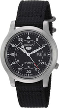Seiko SNK809 reloj de acero inoxidable plateado automático con correa de lona negra para hombre