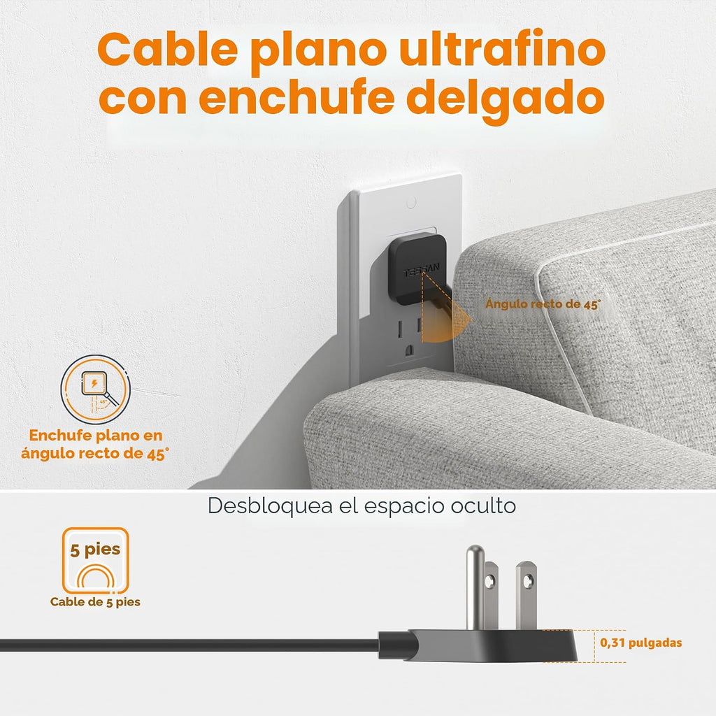 TESSAN - Cable de extensión de 5 pies, regleta de alimentación con protección contra sobretensiones 900J, color negro