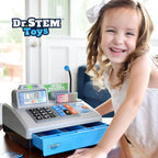 Caja registradora de juguete parlante, STEM Learning 69 piezas de simulación tienda con 3 idiomas, micrófono de paginación, tarjeta de crédito, tarjeta bancaria, dinero de juego y banca para niños (plateado)