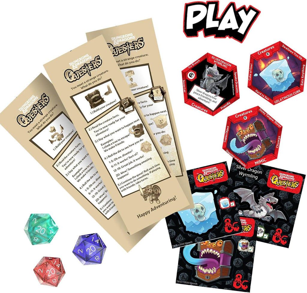 Dungeons & Dragons Questers Figuras de criatura, paquete de 3, figuras coleccionables de juguete de fantasía de D&D, pequeño cubo gelatinoso, Wyrmling plateado y cofre del tesoro mímico
