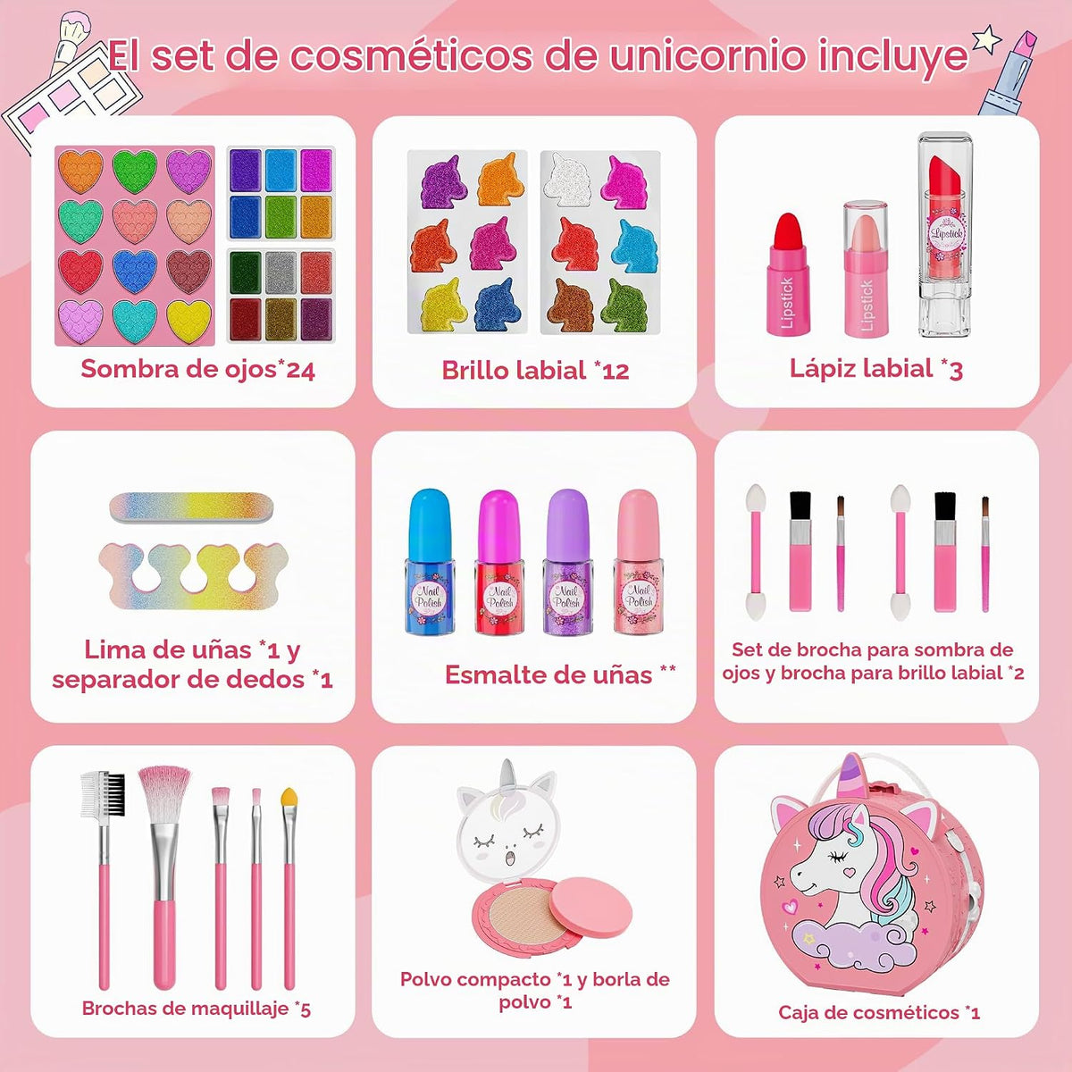 Kit de maquillaje de 59 piezas para niña, estuche de maquillaje lavable