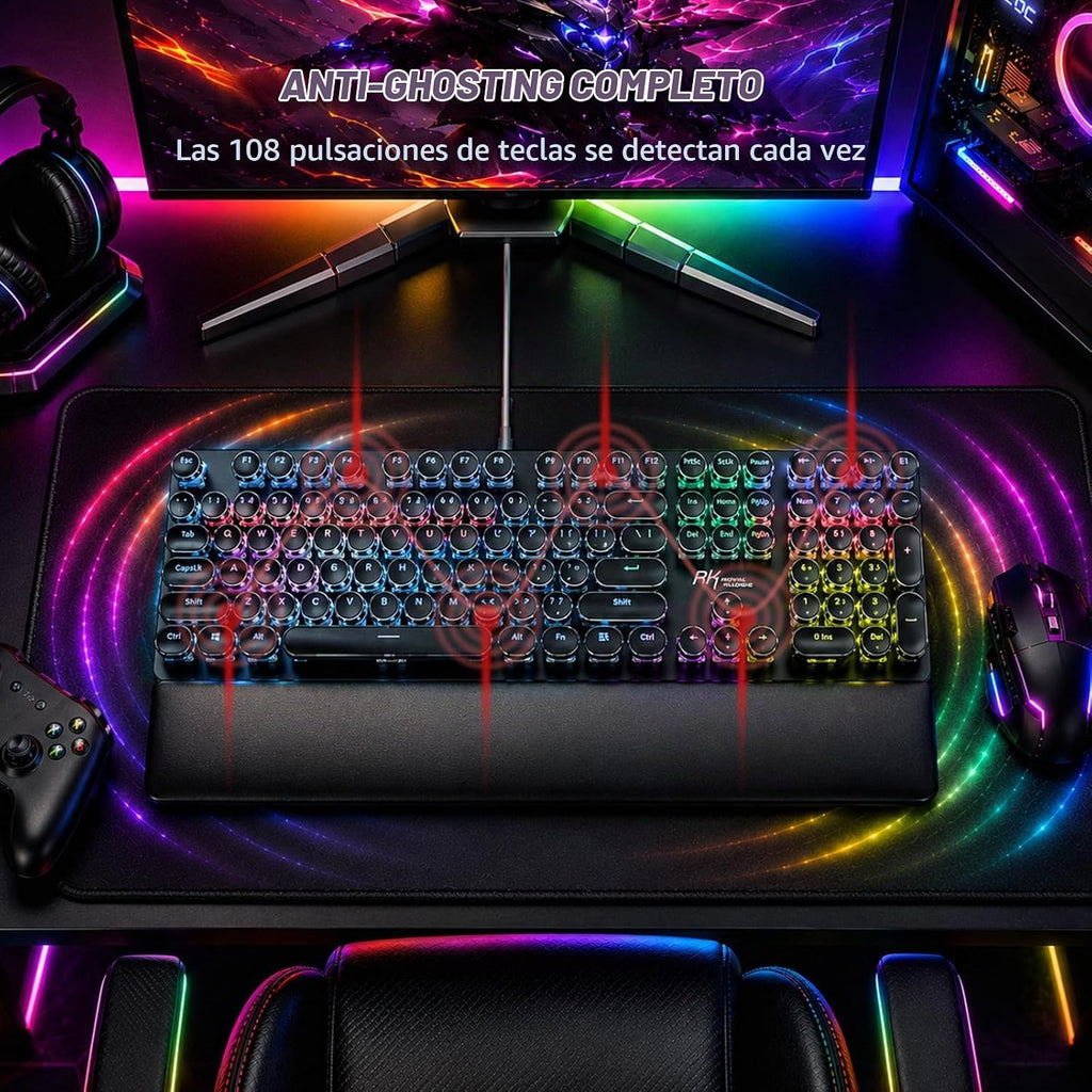 RK ROYAL KLUDGE S108 - Teclado mecánico de máquina de escribir, teclado para juegos con cable con teclado numérico, teclados retro de tamaño completo con reposamuñecas desmontable para Mac/Win/PC