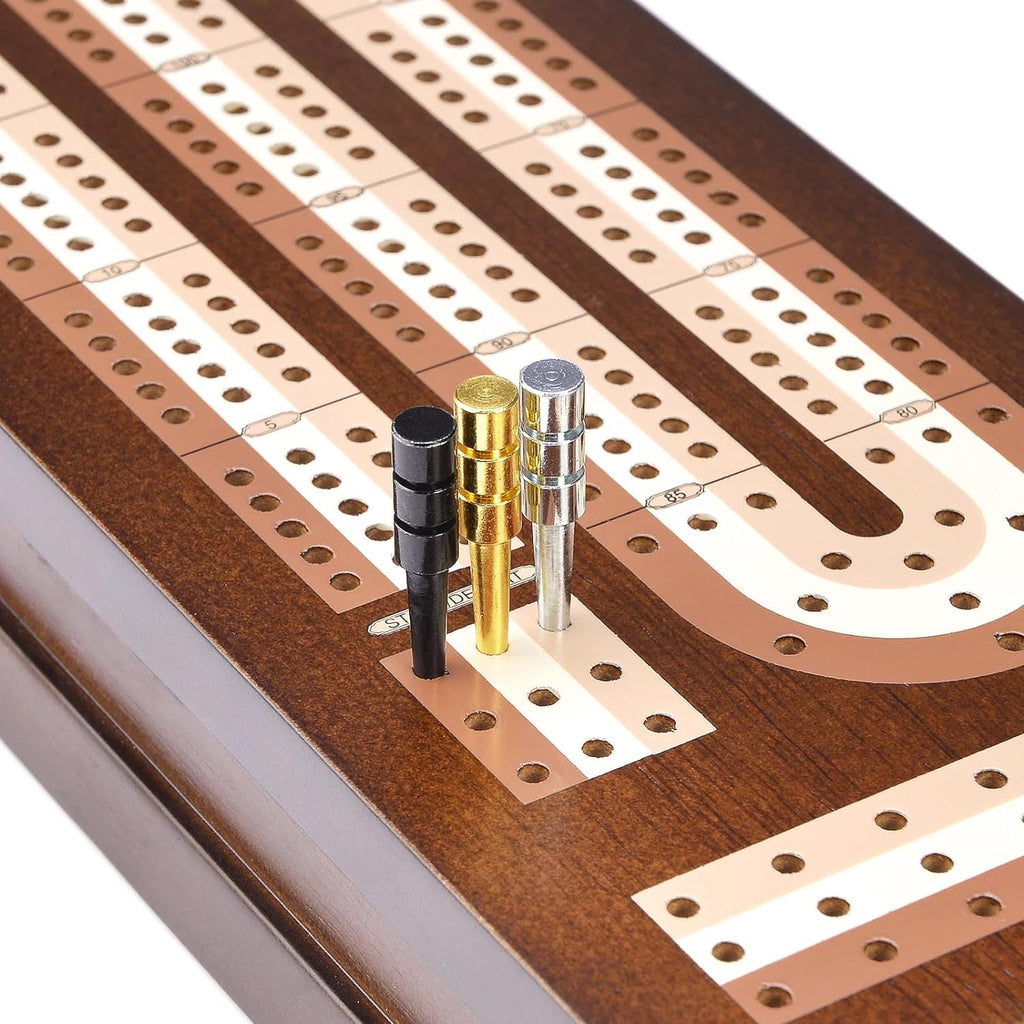 AMEROUS Juego de Cribbage de Mesa de Madera con Bloqueo Magnético - Clavijas de Metal - 2 Cartas de Juego - Tablero Continuo de 3 Vías - Área de Almacenamiento Más Grande, Juegos de Cribbage
