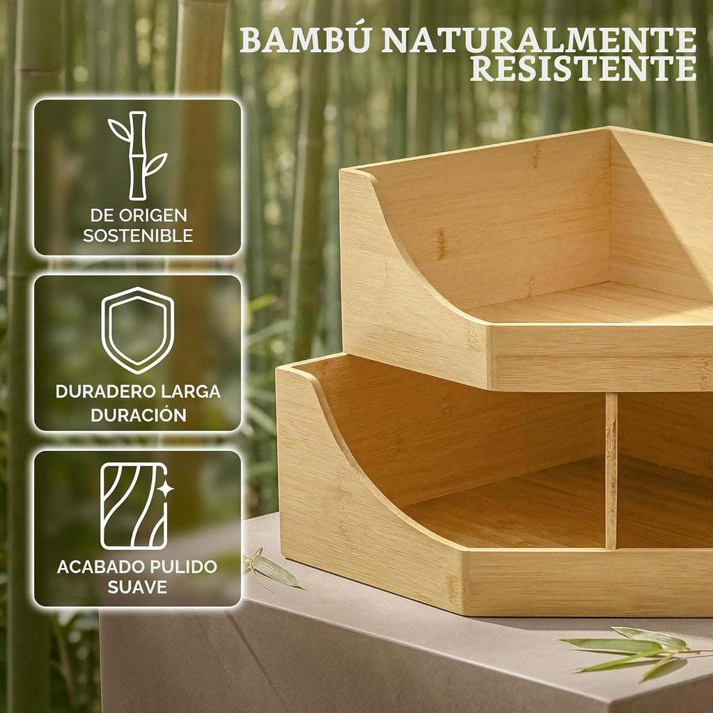 HOMESTEAD Contenedor de almacenamiento esquinero de bambú, apilable de 2 niveles para almacenamiento de papas y cebollas para mostrador de cocina, estante de esquina de madera, organizador de despensa