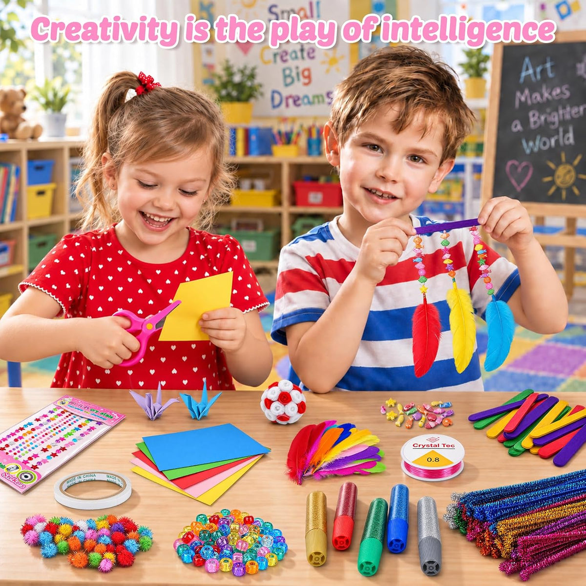 Anyeve Kit de 2176 piezas de suministros para artes y manualidades, caja de manualidades todo en uno con pompones y plumas, ideas de regalo de manualidades y juego de actividades artísticas para niños