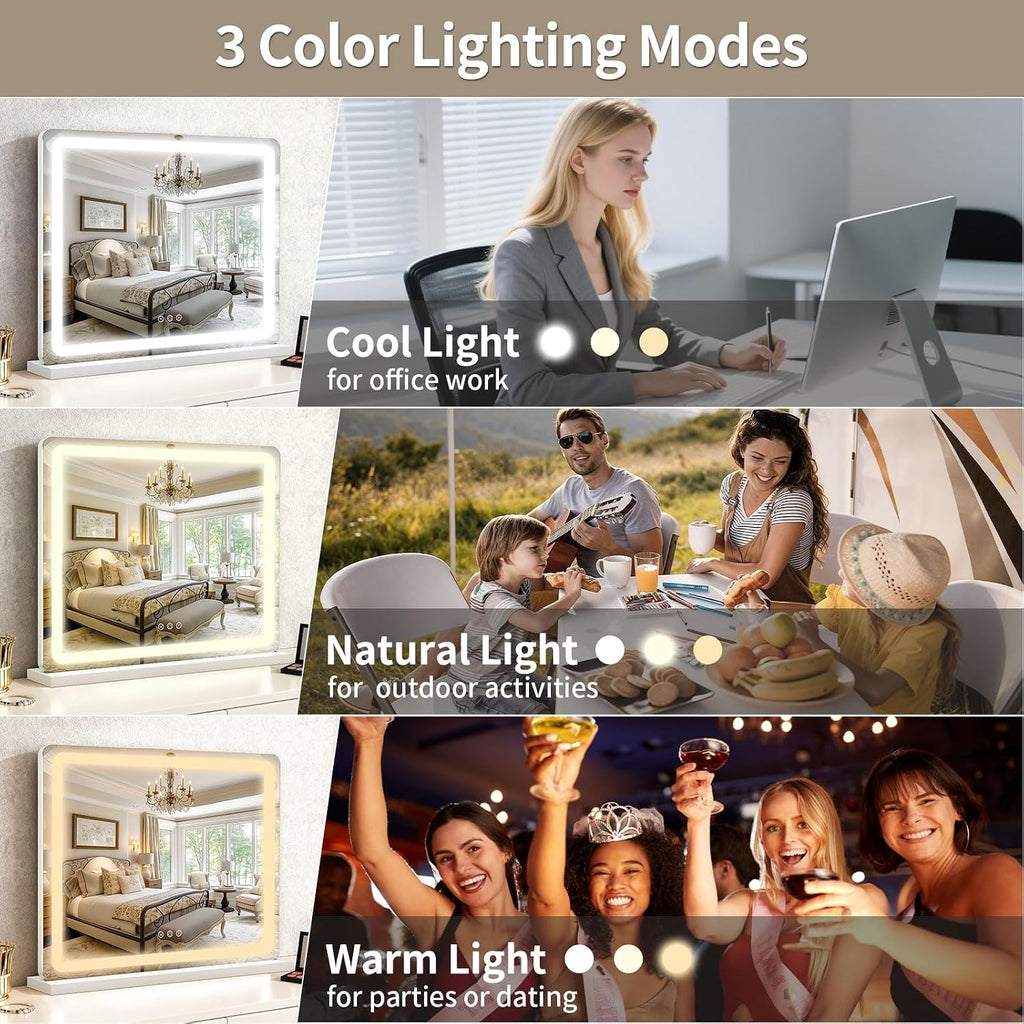 ROLOVE Espejo de tocador grande de 23 x 18 pulgadas con luces, espejo de maquillaje LED para tocador y escritorio, aumento 10X, control táctil regulable, espejo montado en la pared o de mesa para dormitorio (blanco)
