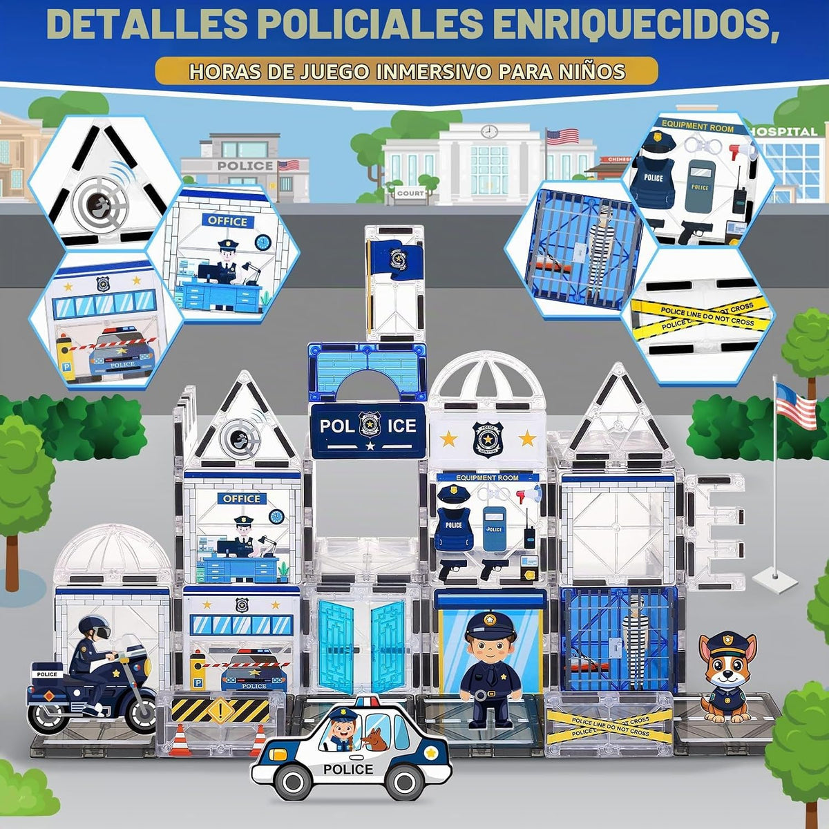 60PCS Police Station Magnetic Tiles Construction Set con 6 Magnetic Dolls