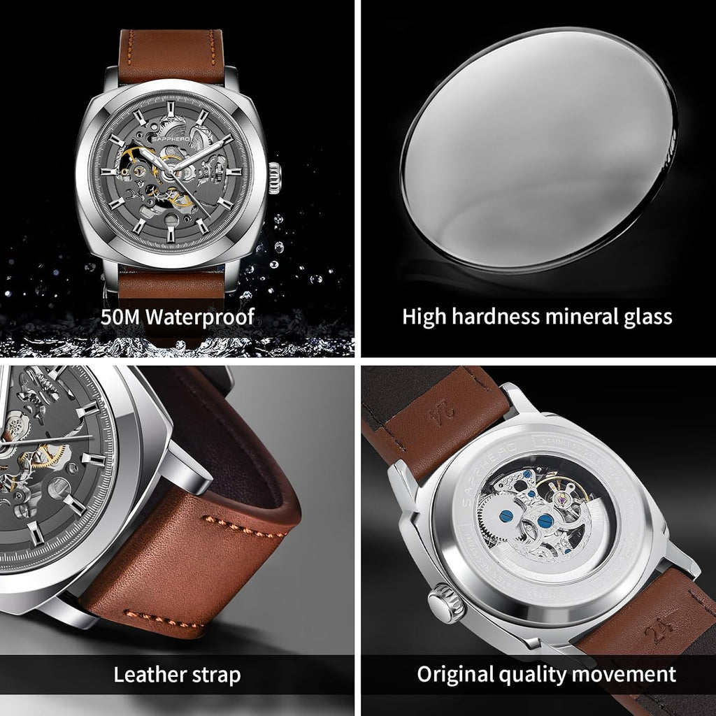 SAPPHERO Relojes para Hombre de Pulsera de Cuero Esqueleto Automáticos