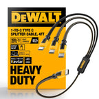 DEWALT Divisor inteligente USB-C a USB-C de 100 W - Transferencia de datos y carga rápida, salida de 1 a 3, reforzado con Kevlar, 6 pies de servicio pesado para laptop, MacBook, iPad, Android, Samsung