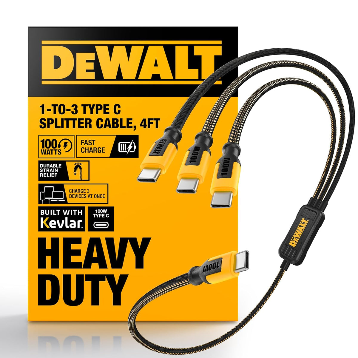 DEWALT Divisor inteligente USB-C a USB-C de 100 W - Transferencia de datos y carga rápida, salida de 1 a 3, reforzado con Kevlar, 6 pies de servicio pesado para laptop, MacBook, iPad, Android, Samsung