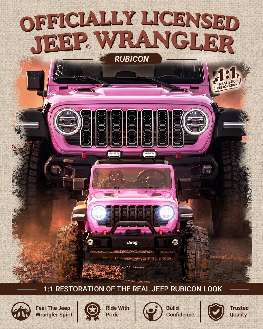 First Ride On Auto eléctrico grande de 24 V y 2 plazas para niños, Jeep Wrangler Rubicon con licencia, vehículo Jeep con neumáticos de gran tamaño de 14.5 pulgadas, cinturón de seguridad, control