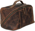 KomalC Bolsa de viaje de cuero de lujo para hombre, kit de afeitado hecho a mano con amplio almacenamiento y asa de transporte, bolsa de viaje de cuero para hombres y mujeres (marrón oscuro)