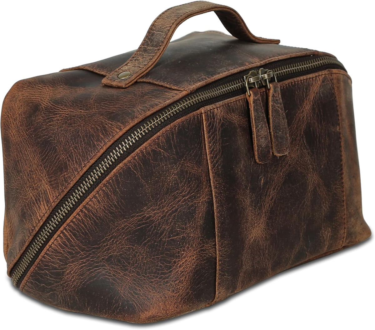 KomalC Bolsa de viaje de cuero de lujo para hombre, kit de afeitado hecho a mano con amplio almacenamiento y asa de transporte, bolsa de viaje de cuero para hombres y mujeres (marrón oscuro)