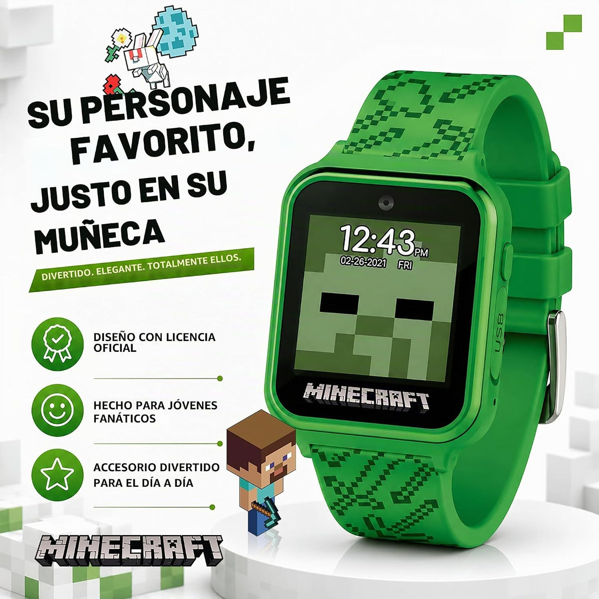 Reloj inteligente Minecraft para niños – Reloj interactivo con pantalla táctil con 10 esferas personalizables, cámara incorporada, grabadora de video, alarma, calculadora, juegos y podómetro – Se