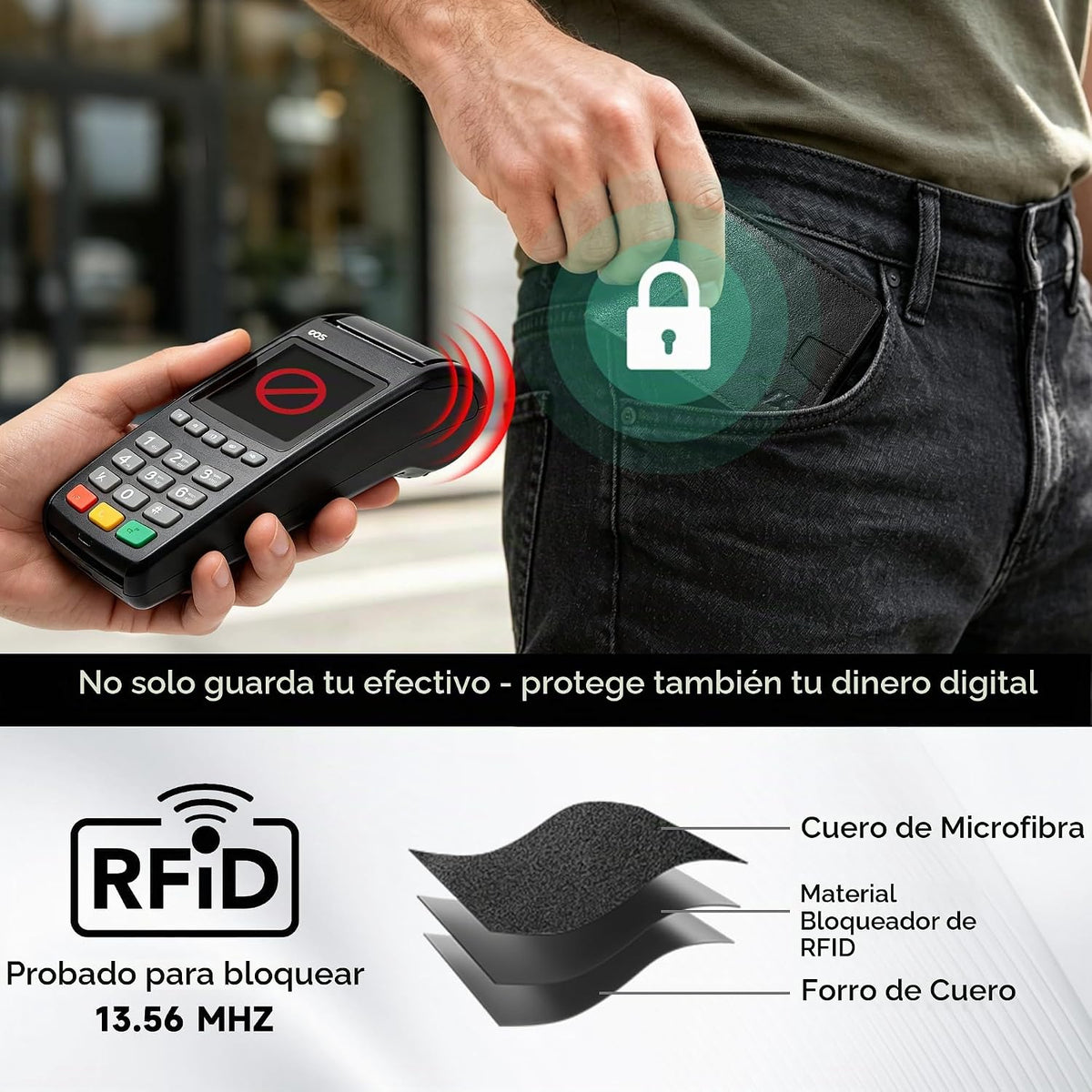 Billetera delgada y plegable para hombre, bolsillo frontal minimalista, cartera con bloqueo RFID con 1 ventana de identificación con muesca para el pulgar, 9 ranuras y bolsillo para
