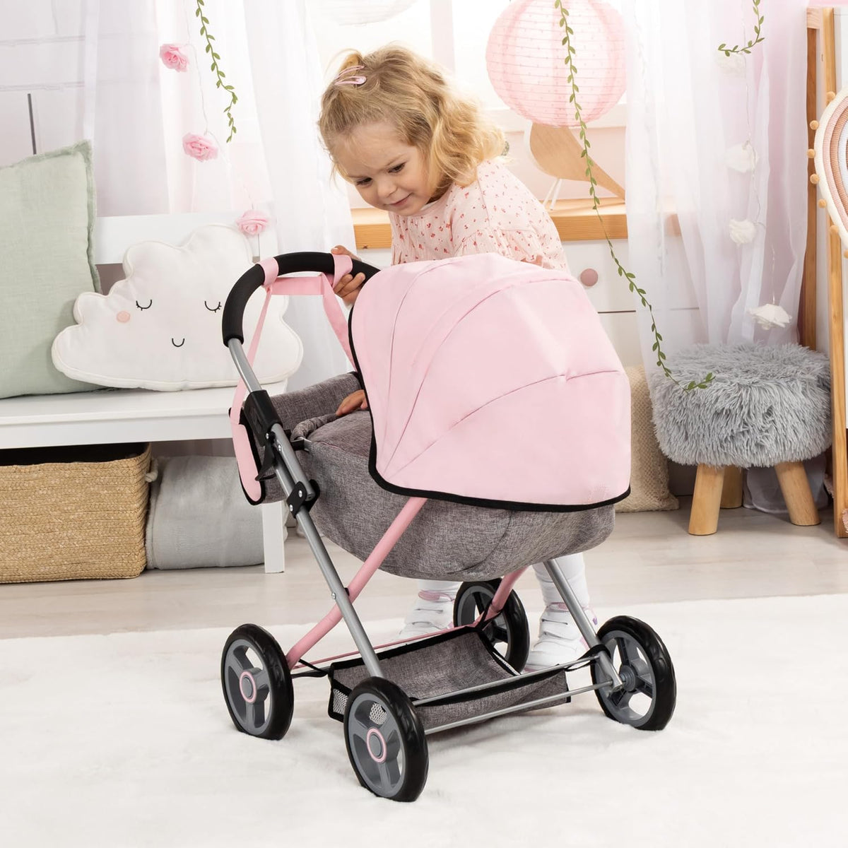 Bayer Set de Cochecito de Muñeca con Bolso - Carruaje Rosado para Muñecas de 18 Pulgadas