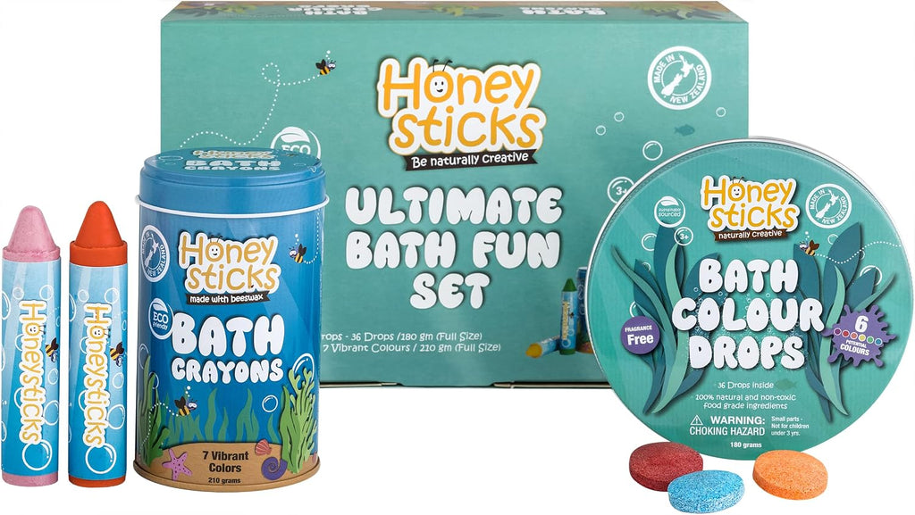 Honeysticks Ultimate Bath Fun Set - Crayones de baño no tóxicos (paquete de 7) y tabletas de color de baño (36 gotas) para horas de diversión creativa en la bañera, ingredientes naturales y de grado