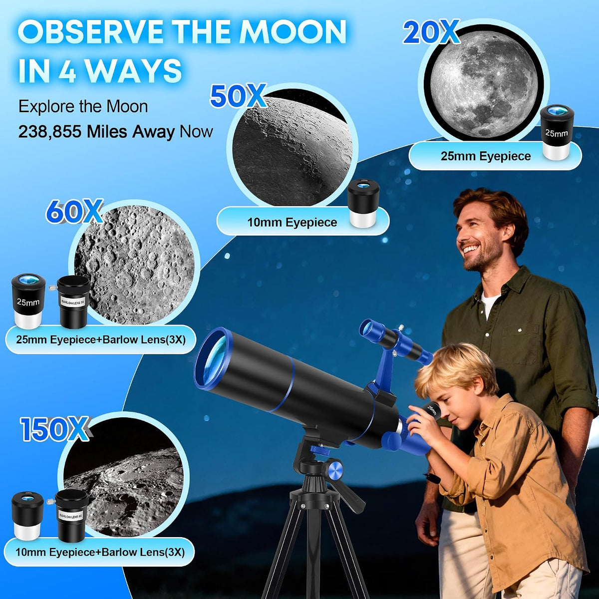 Hawkko Telescopio Portátil para Niños y Principiantes 80mm Apertura 500mm