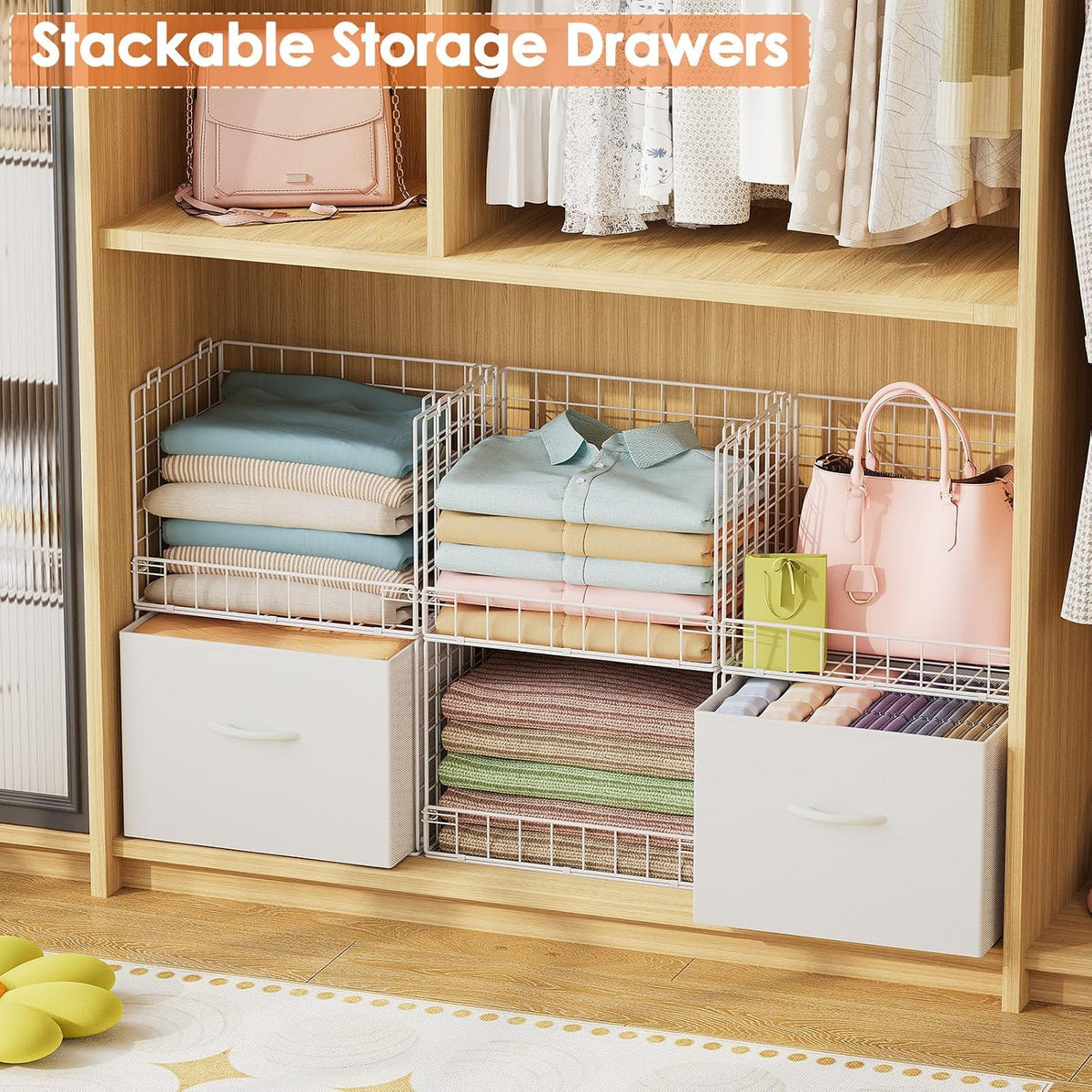 Organizadores de Closet apilables de 4 niveles con 2 cajones, Estante plegable para armario y estantes de almacenamiento, Cajones apilables para sistema organizador de closet, blanco(Patente en trámite)