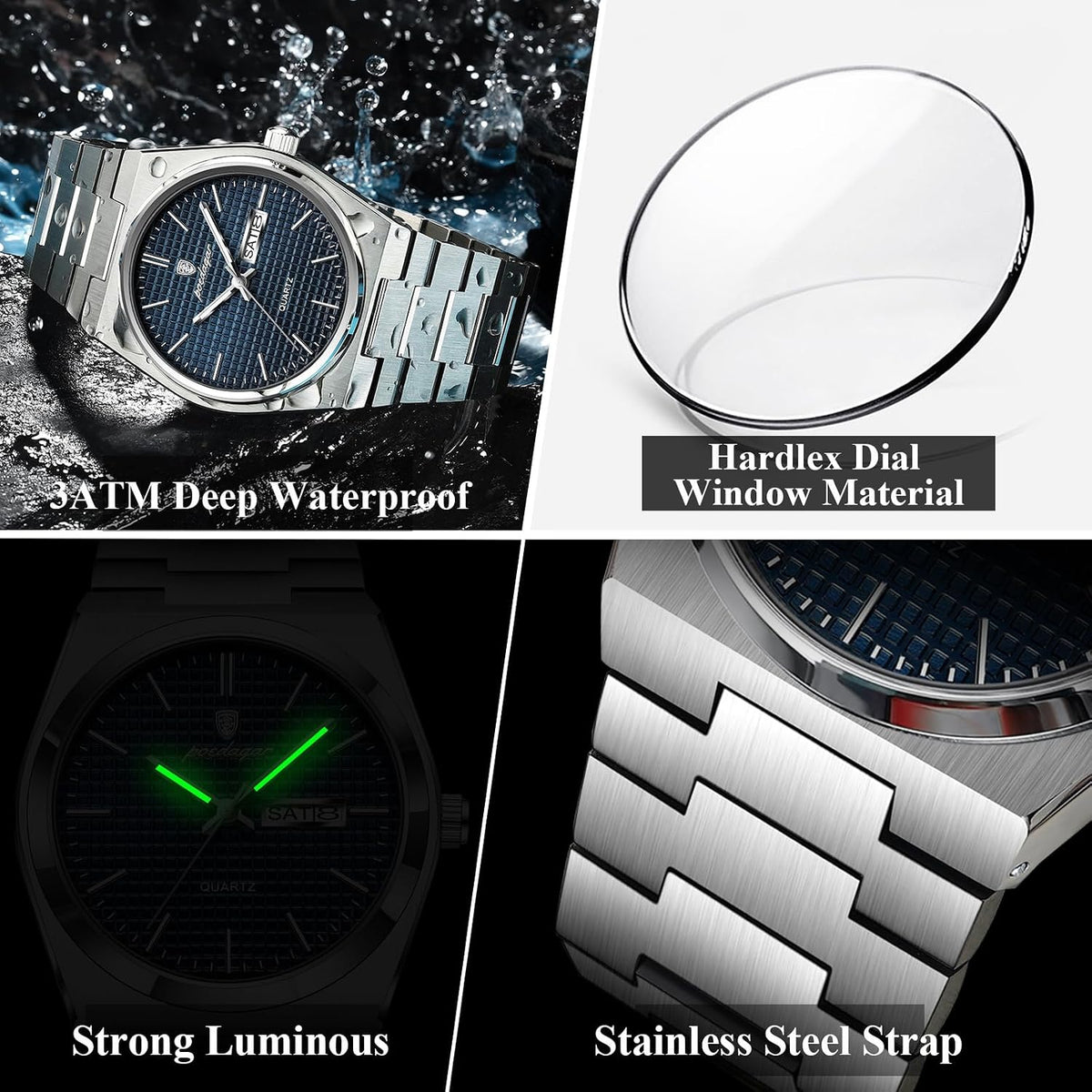 Poedagar Reloj de pulsera para hombre, moda de negocios, luminoso, impermeable, fecha, semana, reloj de acero inoxidable, informal, relojes de cuarzo para hombre