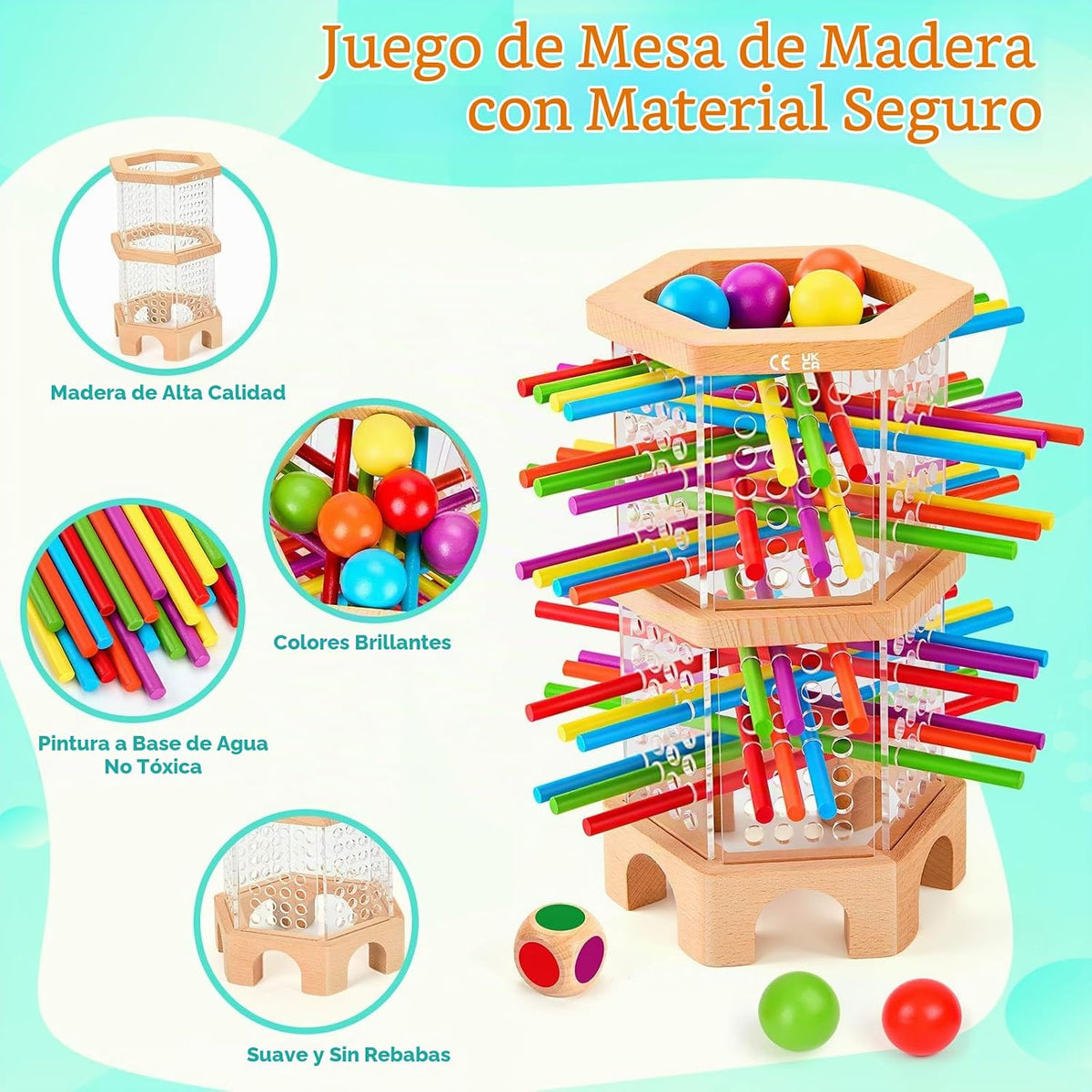 Montessori - Juego de mesa de madera con 42 palos y dados para niños de 3 a 6 años