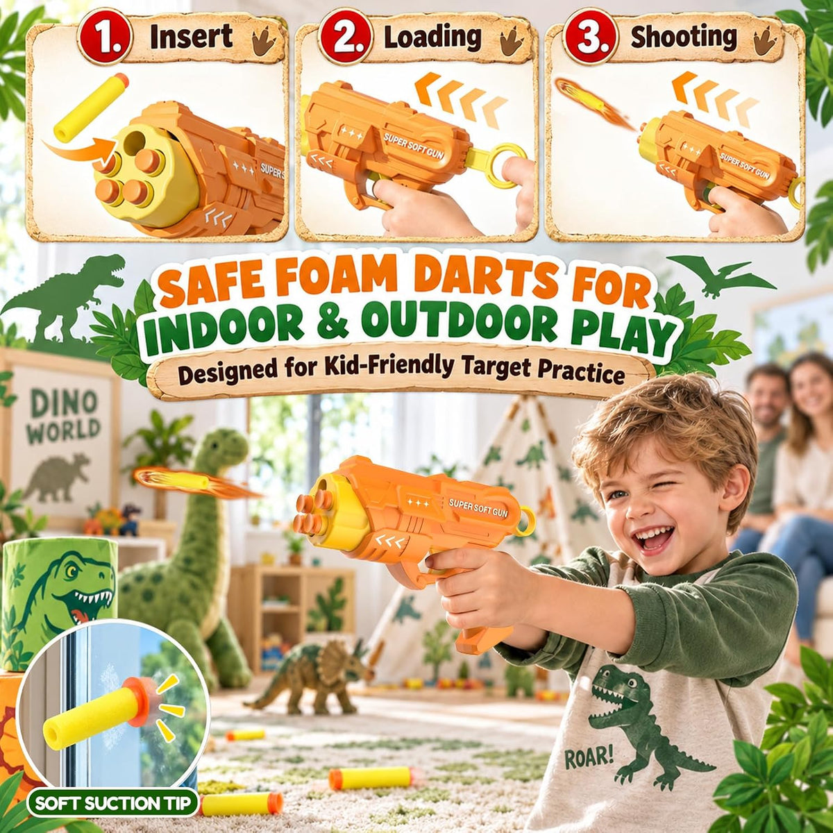 Juegos de disparos giratorios para niños, 2 pistolas de juguete y 20 dardos, objetivos de dinosaurios y cohetes piratas compatibles con pistolas Nerf, regalos de cumpleaños de carnaval al aire libre