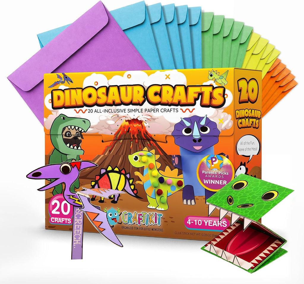 Craftikit 20 manualidades galardonadas de dinosaurios para niños, manualidades divertidas de dinosaurios todo incluido para niños de 3 a 10 años - Kit de manualidades organizado para niños pequeños