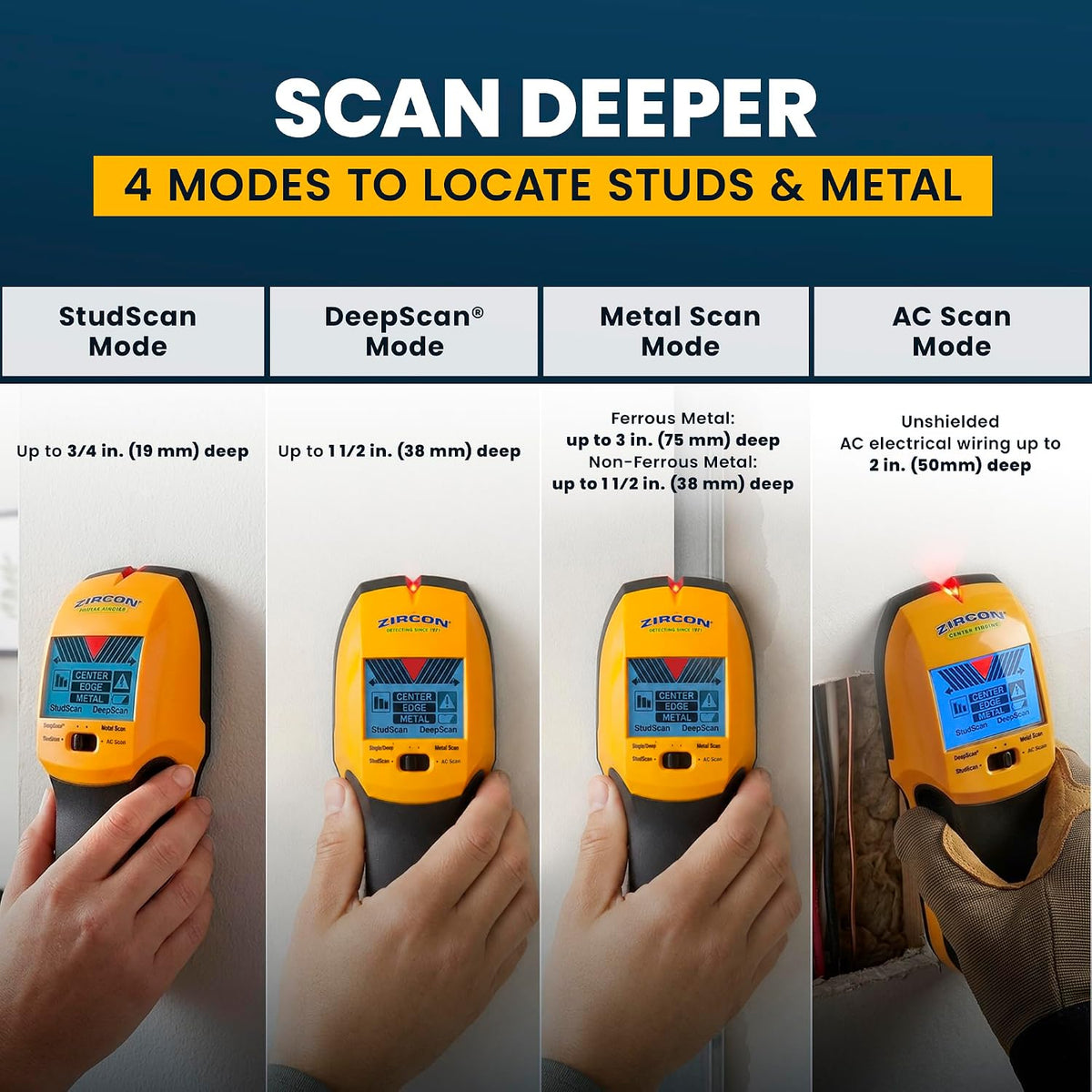 Zircon® MultiScanner™ A250 Buscador de pernos para detección de madera, metales y cables vivos
