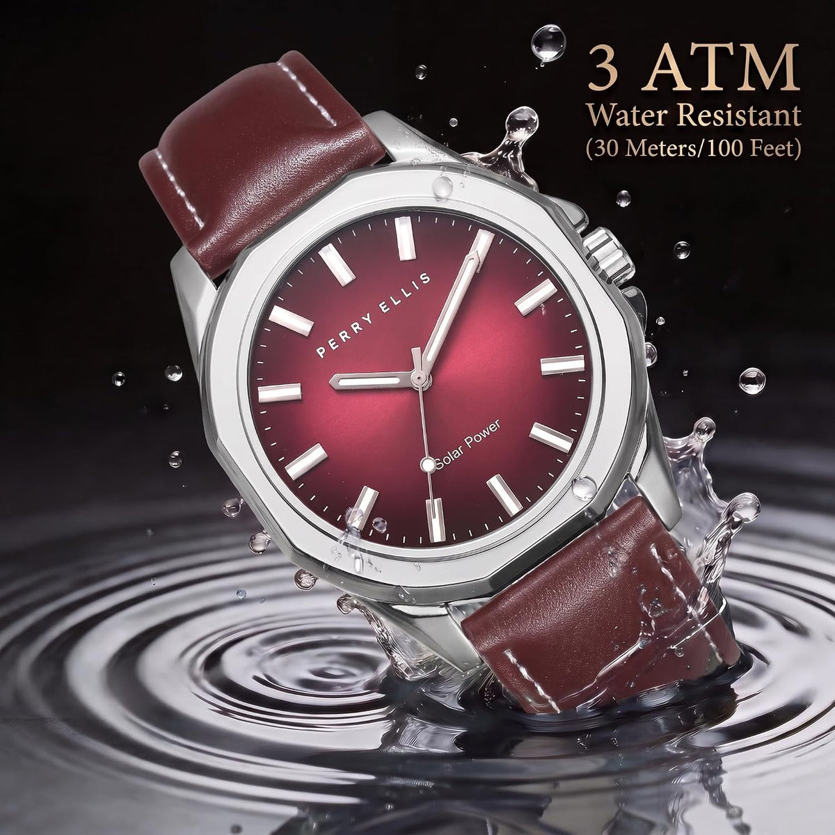 Reloj Perry Ellis para hombre con energía solar | Relojes de pulsera analógicos resistentes al agua de cuero vegano para hombre | Caja de 42mm | Relojes para hombres | Elegante regalo para hombre