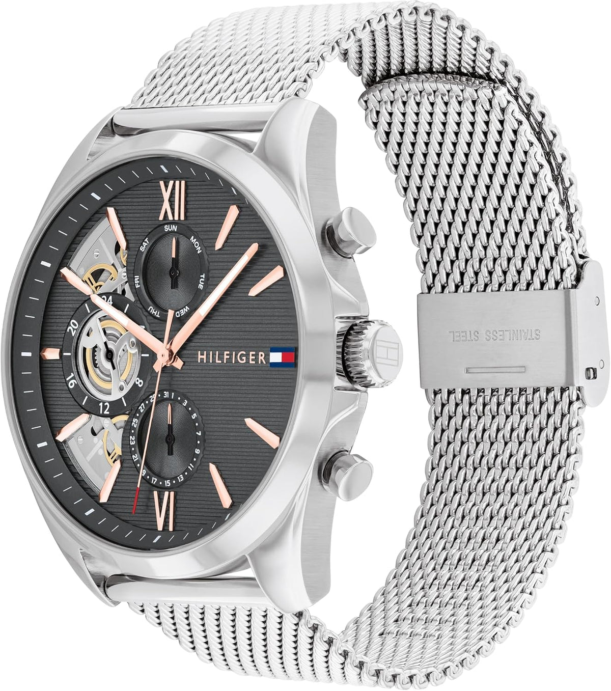 Tommy Hilfiger Reloj para hombre – Cuarzo Multifunción, caja de acero inoxidable de 1.732 in, esfera de esqueleto, pulsera de malla – Reloj de vestir para hombre