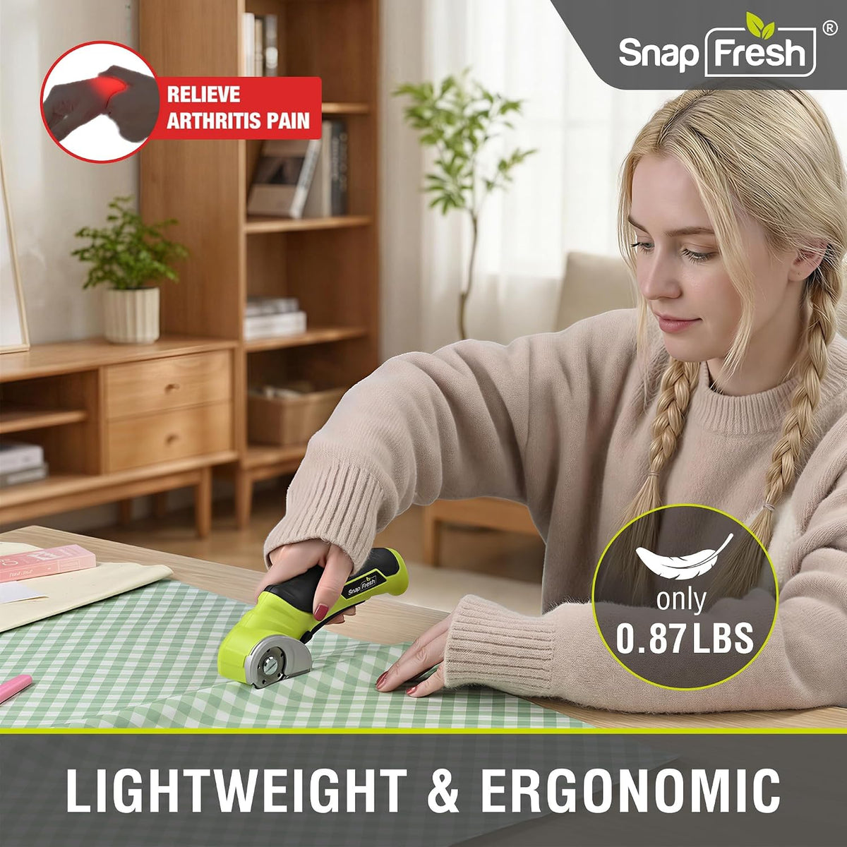 SnapFresh Tijeras Eléctricas Inalámbricas, Cortador de Caja Mini Eléctrico de 4V, Herramienta de Corte de Alfombra y Cartón con Hoja de Reemplazo/Cargador, Cortador Rotativo para Paquetes de Cartón